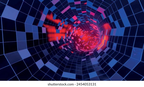 Flying through the colorful mirror structures of the tunnel, with a neon glow. Sci-fi flight through design complexity. Neon glow. Vector illustration.