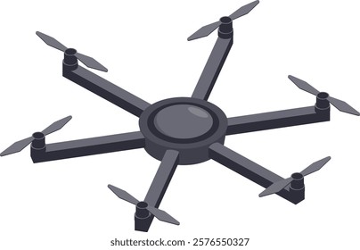 Flying through the sky. A professional hexacopter drone with six propellers captures stunning aerial video and photography from an isometric perspective. Showcasing advanced technology and innovation