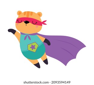 Flying Tiger Animal Superhero Dressed In Mask And Purple Cloak Vector Illustration