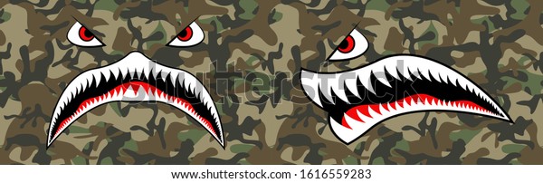 Flying Tiger Shark for T-shirt design. Trendy
element for silkscreen clothing. Mouth Tiger Shark for merch and
clothing. Trendy mouth and seamless camouflage pattern. Vector
illustration for hood.