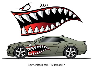 Flying Tigers bomber plane vector graphic angry shark teeth shark jaws race car decal vehicle decoration vinyl sticker