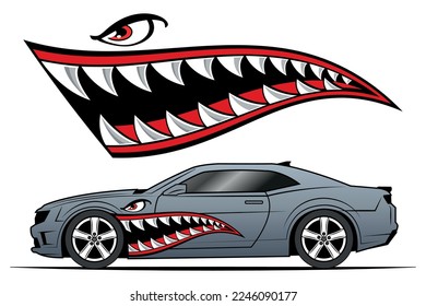 Flying Tigers bomber plane vector graphic angry shark teeth shark jaws race car decal vehicle decoration vinyl sticker