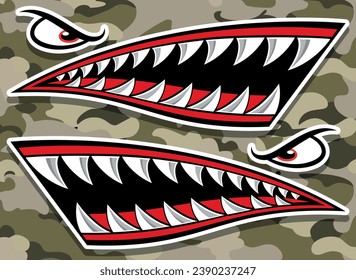 Flying tigers shark teeth car decal angry shark mouth motorcycle gas tank sticker on camouflage background