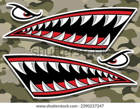 Flying tigers shark teeth car decal angry shark mouth motorcycle gas tank sticker on camouflage background