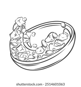 Voando tikka masala com paneer no ícone da linha da tigela. Contorno paneer curry ou xícara de molho com cubos de tofu e vegetal. Mascote de comida asiática, desenhado à mão picante ícone vegetariano ilustração vetorial