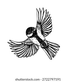 Ilustração isolada do vetor de titmouse voador. Mão desenhado grande peitinho em voo preto e branco esboço desenho. Passarinho monocromático com asas espalhadas esboço gráfico.