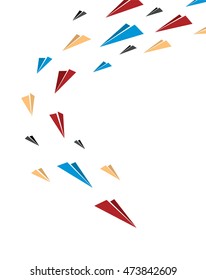 Flying together multicolor origami paper planes. Poster or cover