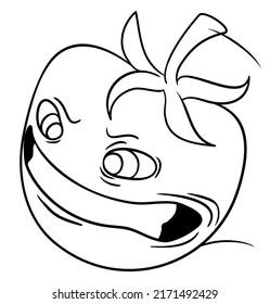 Flying tomato character at high speed, with funny gesture. Design in outlines for coloring activities.