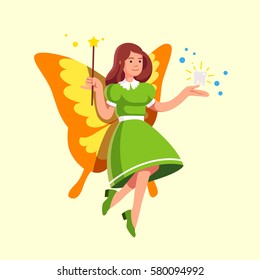Flying tooth fairy in green dress holding magic wand in the right hand showing taken away sparkling milk baby tooth hovering in her left hand. Fantasy folklore figure. Flat style vector illustration.