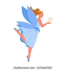 Flying tooth fairy holding tooth. Dental imaginary princess, teeth collecting myth, magical night tradition, childhood fantastic creature, teeth under the pillow vector illustration