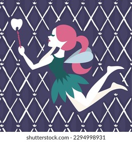 Flying tooth fairy holding a wand colorful dental illustration. Pixie girl with wings purple cartoon vector  