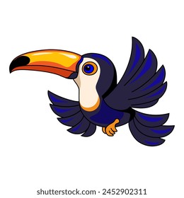 Flying toucan bird isolated on white background, vector illustration drawing in cartoon style. Tropical nature concept, sticker, print for t-shirt, insignia, emblem, clip art.