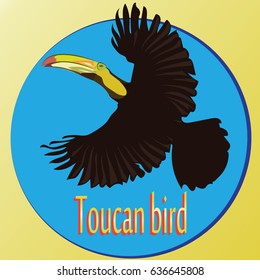 Flying Toucan. Blue circle.The nature of the tropics. An exotic bird. Design for logo, banner, poster, books, dishes, printing on fabric or paper.