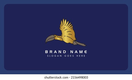 Flying Toucans bird vector logo design template, Creative golden toucans bird monogram icon, Isolated on black background.