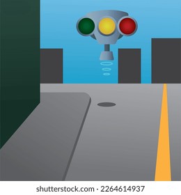 Flying traffic light robot on an empty street Vector