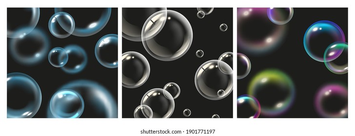 Flying transparent bubbles. Soap foam, color blue white bubble vector background set