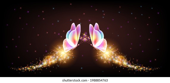 Flying transparent delightful butterflies with sparkle and blazing trail flying in night sky among shiny glowing stars in cosmic space. Animal protection day concept.