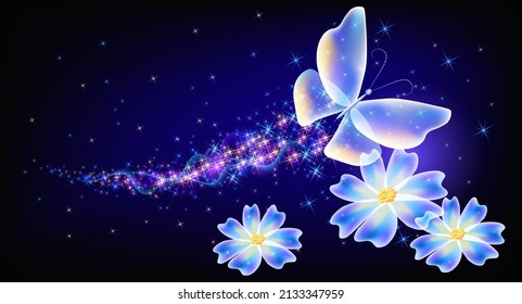 Flying transparent delightful butterfly and flowers with sparkle and blazing trail flying in sky among shiny glowing stars in cosmic space. Animal protection day concept.
