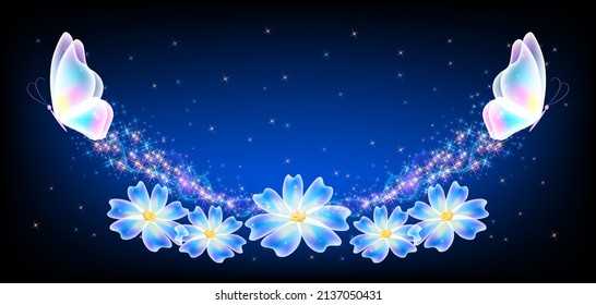 Flying transparent delightful butterfly and flowers with sparkle and blazing trail flying in sky among shiny glowing stars in cosmic space. Animal protection day concept.
