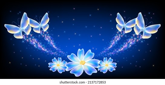 Flying transparent delightful butterfly and flowers with sparkle and blazing trail flying in sky among shiny glowing stars in cosmic space. Animal protection day concept.