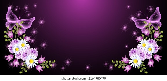 Flying transparent delightful butterfly and flowers with sparkle and blazing stars. Animal protection day concept.