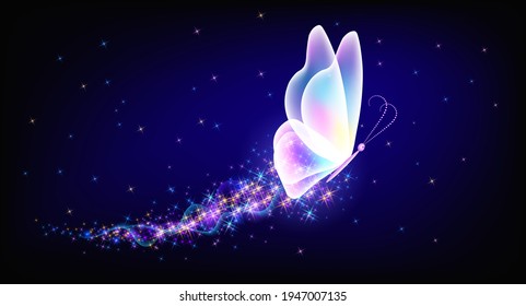 Flying transparent delightful butterfly with sparkle and blazing trail flying in night sky among shiny glowing stars in cosmic space. Animal protection day concept.