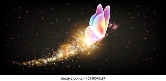 Flying transparent delightful butterfly with sparkle and blazing trail flying in night sky among shiny glowing stars in cosmic space. Animal protection day concept.