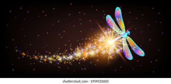 Flying transparent delightful dragonfly with sparkle and blazing trail flying in fairytale night sky among shiny glowing stars in cosmic space. Animal protection day concept.