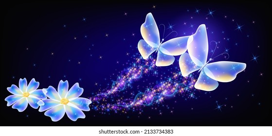 Flying transparent delightful two  butterflies and flowers with sparkle and blazing trail flying in sky among shiny glowing stars in cosmic space. Animal protection day concept.
