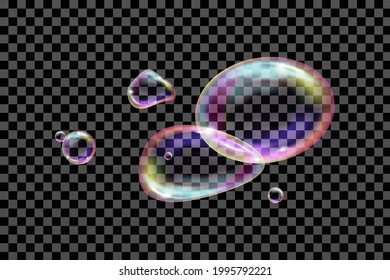 
Flying transparent soap bubbles of different shapes on a checkered background. Realistic colored balls. Vector texture. 