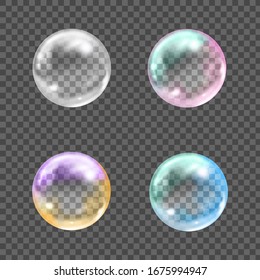 Flying transparent soap bubbles on checkered background.Reaistic colored balls.Vector texture.