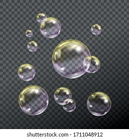 Flying transparent soap bubbles on checkered background.Reaistic colored balls.Vector texture.