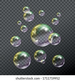 Flying transparent soap bubbles on checkered background.Reaistic colored balls.Vector texture.