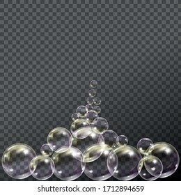 Volando burbujas de jabón transparentes sobre fondo a cuadros.Bolas de colores realistas.Textura vectorial.