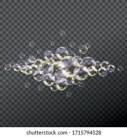 Flying transparent soap bubbles on checkered background.Reaistic colored balls.Vector texture.