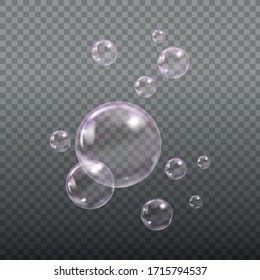 Flying transparent soap bubbles on checkered background.Reaistic colored balls.Vector texture.
