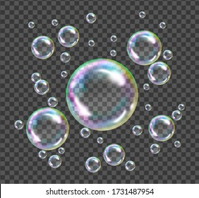 Flying transparent soap bubbles on checkered background.Reaistic colored balls.Vector texture.