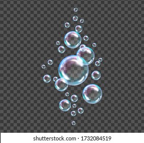 Flying transparent soap bubbles on checkered background.Reaistic colored balls.Vector texture.