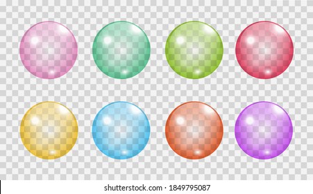 Flying transparent soap bubbles on checkered background. Realistic colored balls. Vector texture.