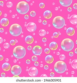 Flying transparent soap bubbles on a pinc background.Reaistic colored balls.Vector texture.