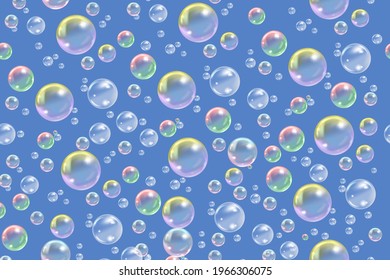 Flying transparent soap bubbles on a blue background.Reaistic colored balls.Vector texture.