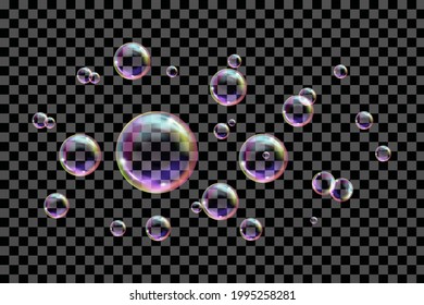 Flying transparent soap bubbles on checkered background.Reaistic colored balls.Vector texture.