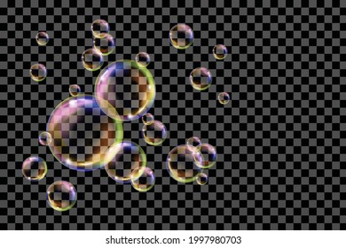 Flying transparent soap bubbles on checkered background.Reaistic colored balls.Vector texture.