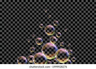 Flying transparent soap bubbles on checkered background.Reaistic colored balls.Vector texture.