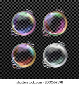 Flying transparent soap bubbles on checkered background.Reaistic colored balls.Vector texture.