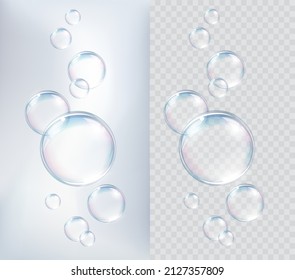 Flying transparent vector soap bubbles on abstract background. Colorful glass ball or sphere template - Shutterstock ID 2127357809
