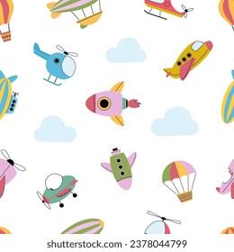 flying transport pattern. minimalistic flat doodle airplanes airships, kids adventure travel. vector cartoon flat seamless pattern.