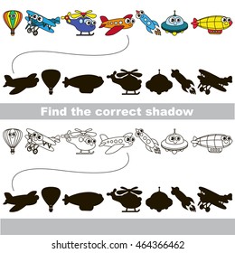Flying transport set with shadows to find the correct one. Compare and connect objects and their true shadows. Easy educational kid gaming. Simple level of difficulty. Logic game for children.