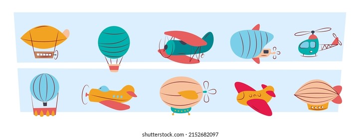 Flying transport. Stylized colored illustrations of airbus and airplane childhood adventure transport funny helicopters garish vector illustrations set