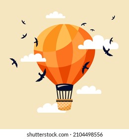 Flying travelling in simple flat style. Colorful baloon or airship. Transportation vector illustration.
